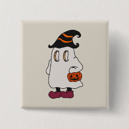 Ghost holding pumpkin and wearing witch hat 缶バッジ