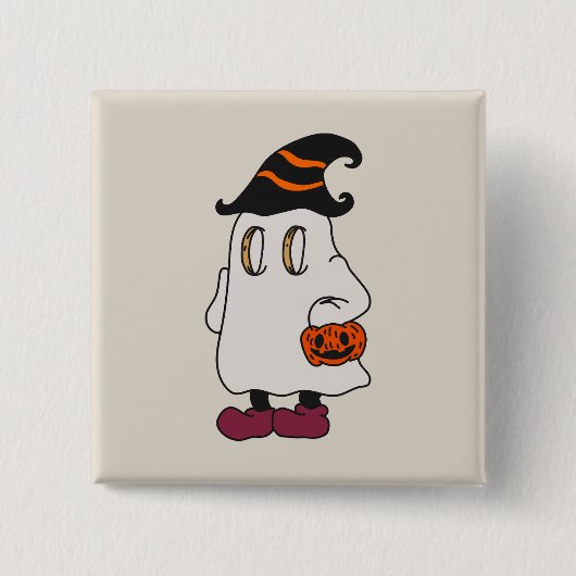 Ghost holding pumpkin and wearing witch hat 缶バッジ (正面)