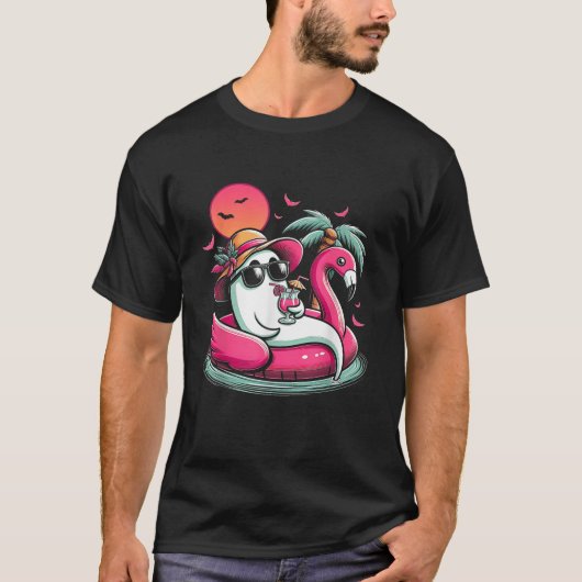 Ghost In Lifebuoy Flamingo On A Pool Float Summer  Tシャツ (正面)