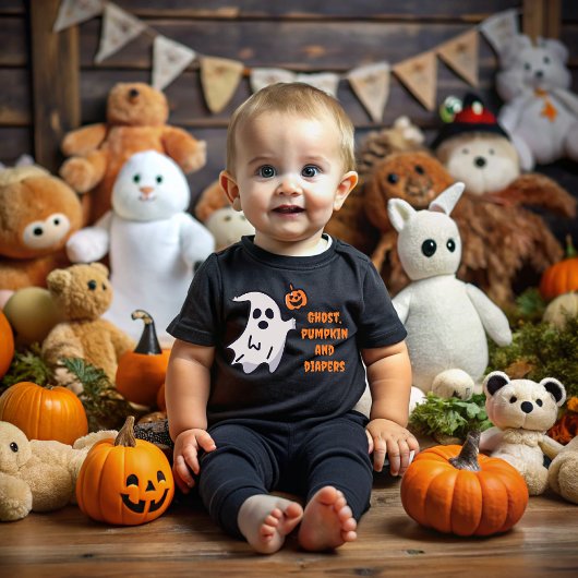 Ghost, pumpkin and diapers on Halloween ベビーTシャツ