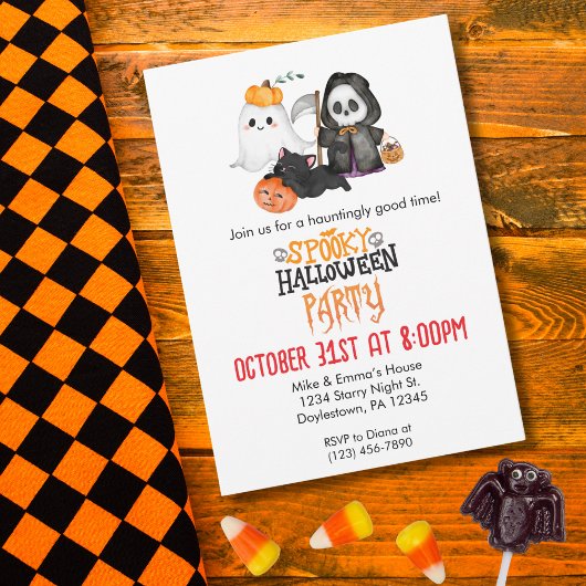 Ghost Pumpkin Grim Reaper Cute Black Cat Halloween 招待状