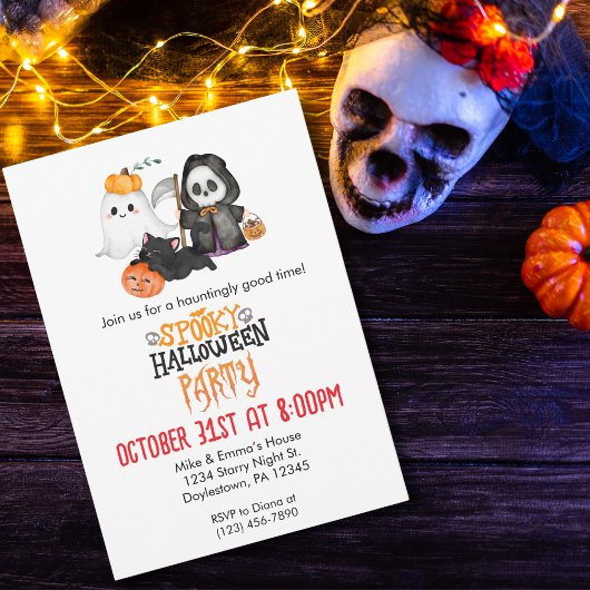 Ghost Pumpkin Grim Reaper Cute Black Cat Halloween 招待状