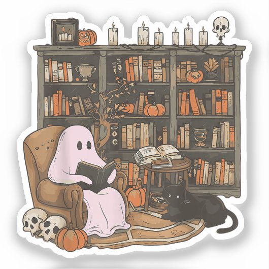 Ghost Reading Book Cat lover Halloween  シール (正面)