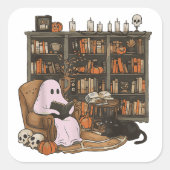 Ghost Reading Book Cat lover Halloween  スクエアシール (正面)