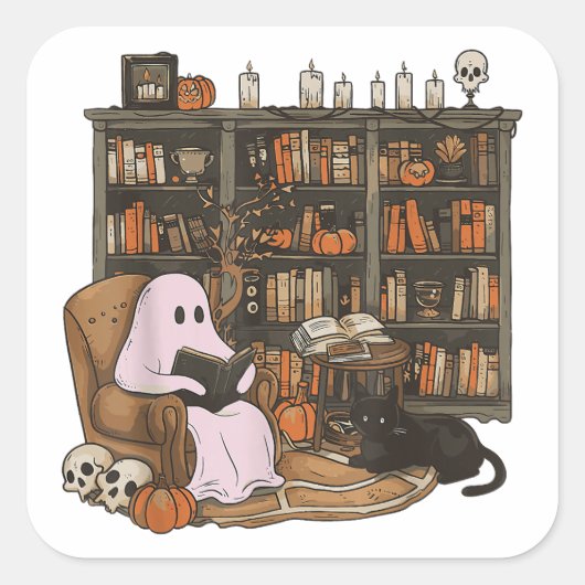 Ghost Reading Book Cat lover Halloween  スクエアシール (正面)