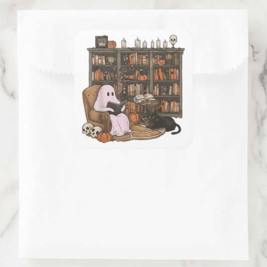 Ghost Reading Book Cat lover Halloween  スクエアシール (バッグ)