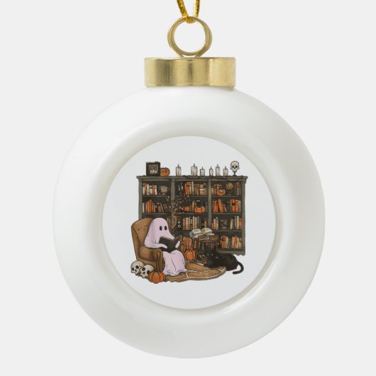 Ghost Reading Book Cat lover Halloween セラミックボールオーナメント (正面)