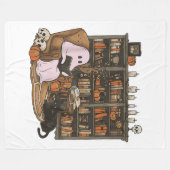 Ghost Reading Book Cat lover Halloween  フリースブランケット (正面(横))
