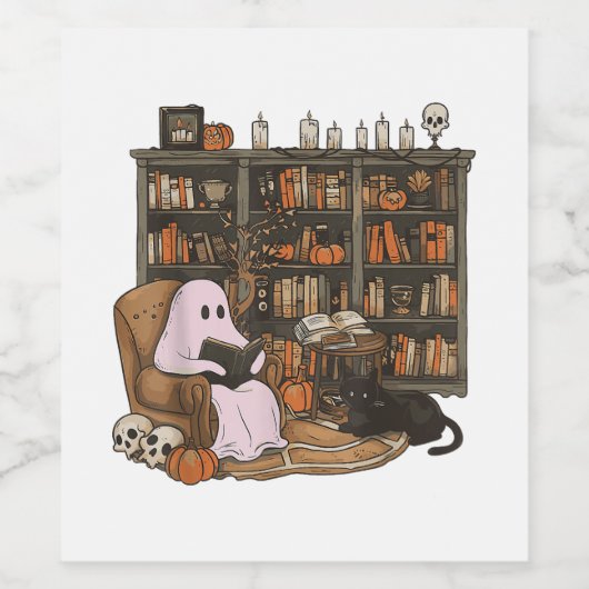 Ghost Reading Book Cat lover Halloween  ワインラベル (シングルラベル)