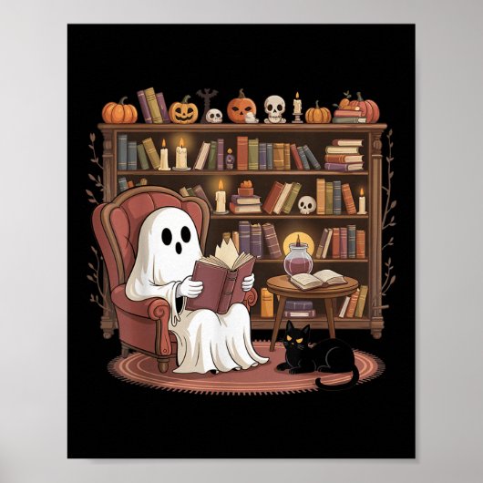 Ghost Reading Book Lovers Halloween Spooky Library ポスター (正面)