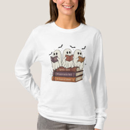 Ghost Reading Bookworm Cozy Long Sleeve Halloween  Tシャツ