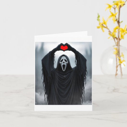 Ghost Red Heart Hands Y Face Halloween Valentines カード (黄色い花)