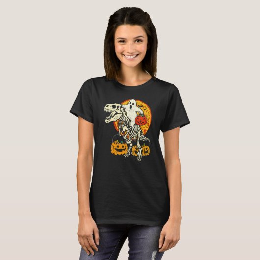 Ghost Riding Skull Dinosaur Halloween Skeleton Rex Tシャツ (正面フル)
