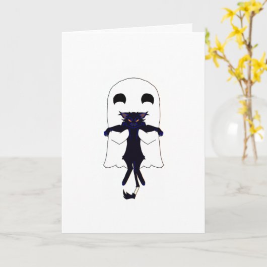 Ghost + Scraggly Black Cat Whimsical Card カード (黄色い花)