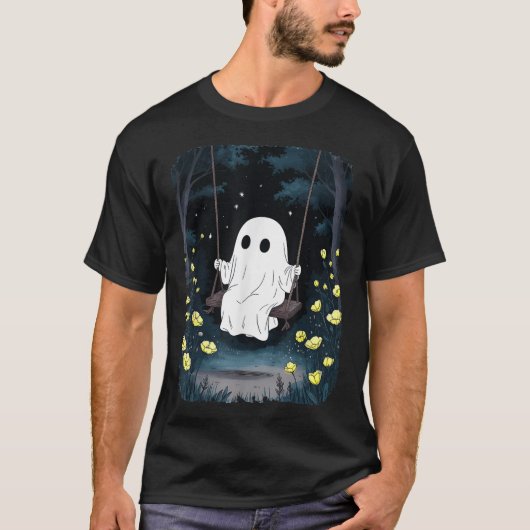 Ghost Swinging In Forest Night Halloween Floral  Tシャツ (正面)