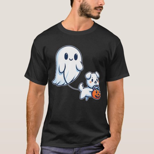 Ghost Walking Dog Funny Halloween Ghost Spooky Tシャツ (正面)