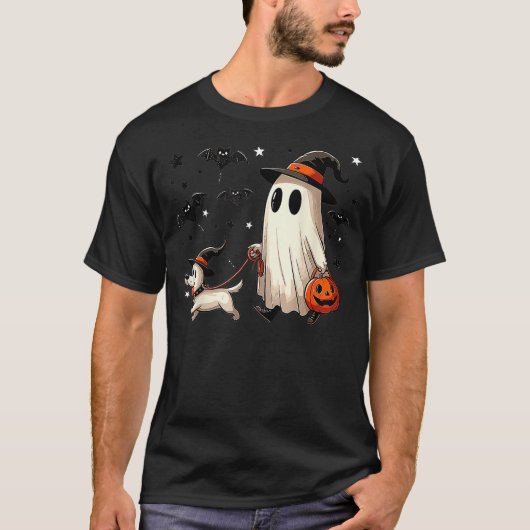 Ghost Walking Dog Spooky Season Halloween Tシャツ (正面)