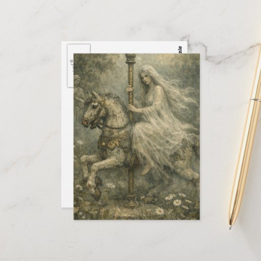 Ghost Woman on Abandoned Carousel Horse in Garden ポストカード (正面/裏面インサイチュ)