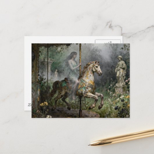 Ghost Woman on Abandoned Carousel in Garden ポストカード (正面/裏面インサイチュ)