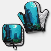 Ghostly Figure in a Graveyard Design 鍋つかみ&鍋敷きセット (正面/裏面)