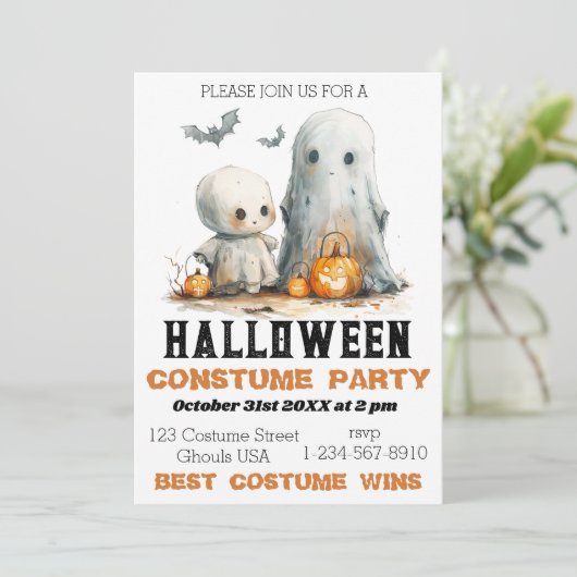 Ghostly Giggles – かわいいハローウィンパーティ招待状 招待状 (スタンド正面)