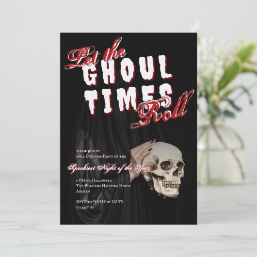 Ghostly Halloween Skeleton Costume Party Skull 招待状 (スタンド正面)