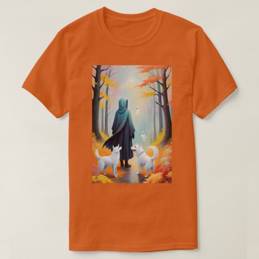 Ghostly Walk：秋の犬と霊 Tシャツ (デザイン正面)