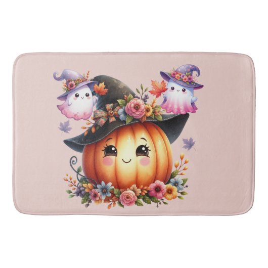 Ghosts and Pumpkin Halloween Design バスマット (正面)