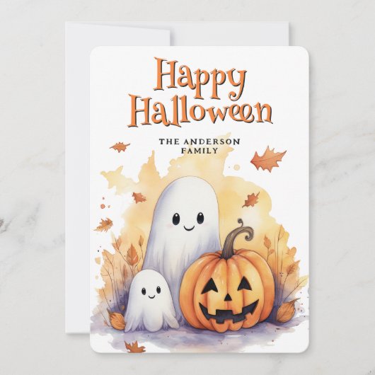 Ghosts Jack O’Lanterns Cute Happy Halloween Card シーズンカード (正面)