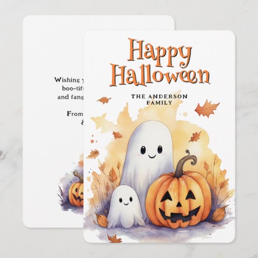 Ghosts Jack O’Lanterns Cute Happy Halloween Card シーズンカード (正面/裏面)