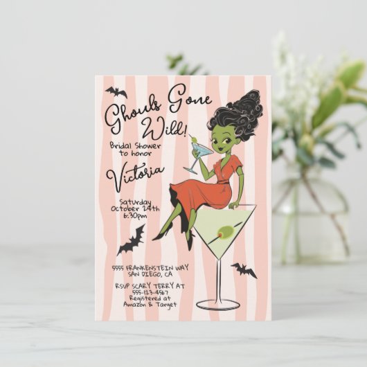 Ghouls Gone Wild Martinis Halloween Bridal Shower 招待状 (スタンド正面)