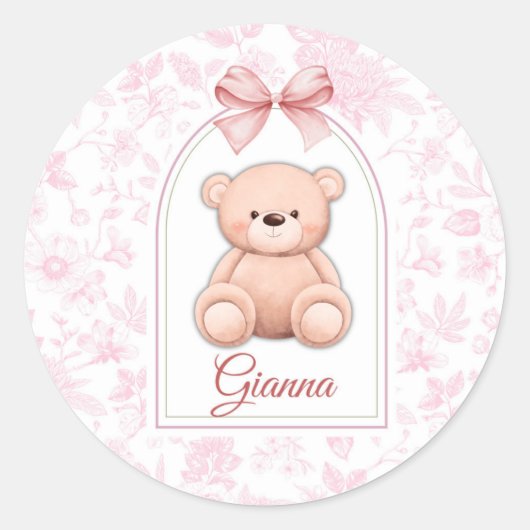 Gianna | オーダーメイド ピンクのテディベアの保育園デザイン ラウンドシール (正面)
