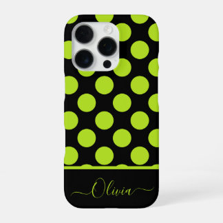 Giant Lime Green Polka Dots on Black iPhone Case iPhone 16 Proケース