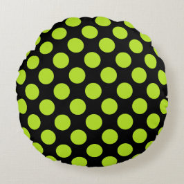 Giant Lime Green Polka Dots on Black Round Pillow ラウンドクッション