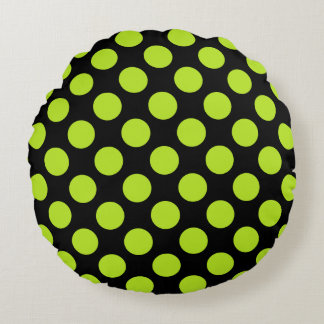 Giant Lime Green Polka Dots on Black Round Pillow ラウンドクッション