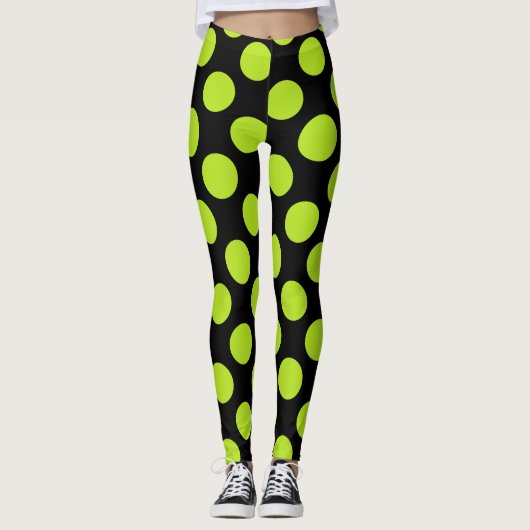 Giant Lime Green Polkadots on Black Leggings レギンス (正面)