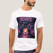 Giant Mech Robot vs Human | Cyberpunk City Sunset Tシャツ (正面)