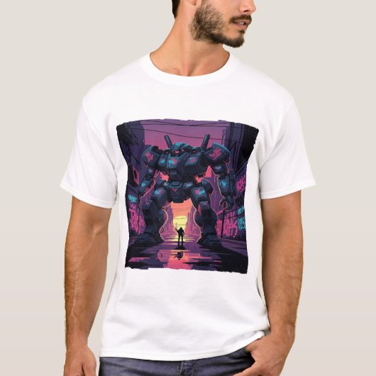 Giant Mech Robot vs Human | Cyberpunk City Sunset  Tシャツ (正面)