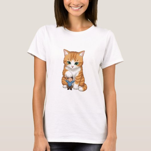 Giant Orange Tabby Cat Gently Patting Tiny Happy Tシャツ (正面)