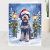 Giant Schnauzer Snowy Iron Fence Santa Christmas カード (正面)