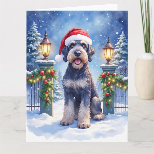 Giant Schnauzer Snowy Iron Fence Santa Christmas カード (正面)