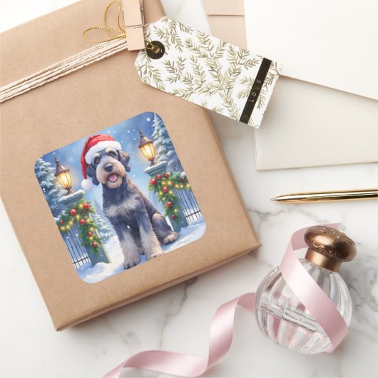 Giant Schnauzer Snowy Iron Fence Santa Christmas スクエアシール (ギフト)