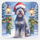 Giant Schnauzer Snowy Iron Fence Santa Christmas スクエアシール (正面)