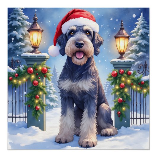 Giant Schnauzer Snowy Iron Fence Santa Christmas ポスター (正面)
