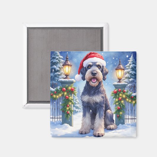 Giant Schnauzer Snowy Iron Fence Santa Christmas マグネット (正面/裏面)