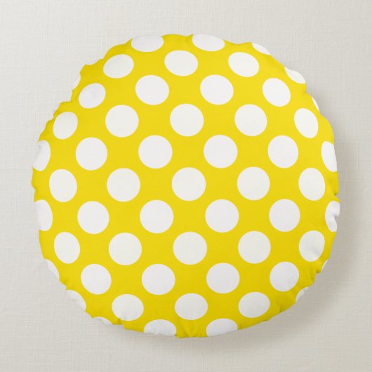 Giant White Polka Dots on Yellow Throw Pillow ラウンドクッション (正面)