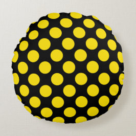 Giant Yellow Polka Dots on Black Round Pillow  ラウンドクッション
