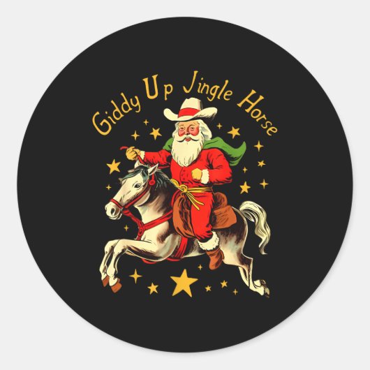Giddy Up Jingle Horse Funny Retro Santa Cowboy Chr ラウンドシール (正面)