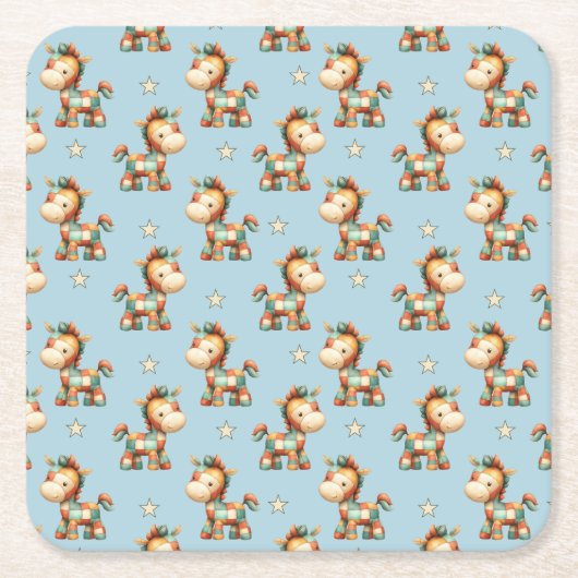 Giddy-Up Patchwork Pony Birthday スクエアペーパーコースター (正面)
