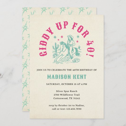 Giddy Up Pink Turquoise Cowgirl 40th Birthday 招待状 (正面/裏面)